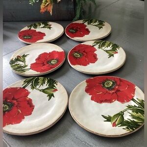 6 Poppy flower floral Desert Snack Salad  Plates Stoneware red green ivory
